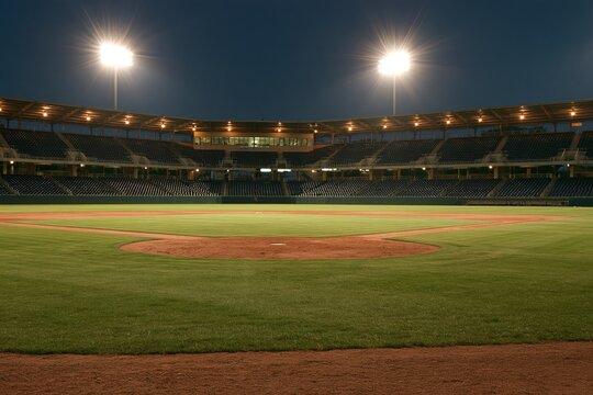 Empty baseball stadium at night illuminated by bright overhead spotlights casting dramatic shadows across pristine green grass field and red dirt infield with rows of vacant dark blue seats under