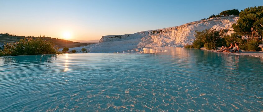 Turquoise mineral pools at Pamukkale with white travertine cliffs rising behind, warm golden sunset light reflecting on rippling water surface, lush green trees framing edges of scene