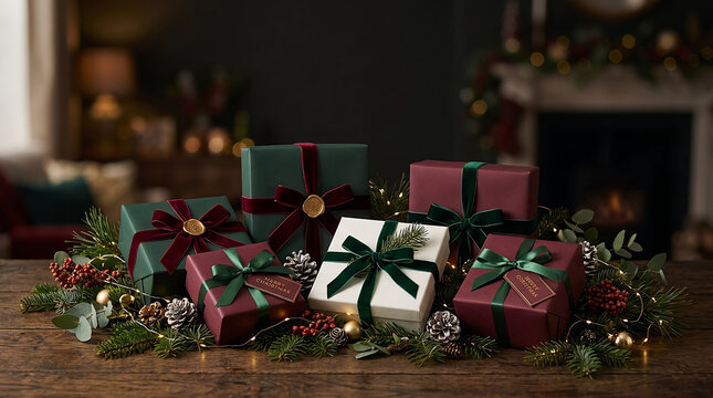 Group of people exchanging Christmas gifts in a cozy living room with festive decorations and warm lighting