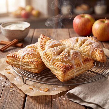 Steaming Hot Apple Turnovers with Sweet Icing and Powdered Sugar on a Rustic Wooden Table, Ready to Enjoy