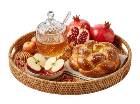 Fresh challah bread with honey apples and red pomegranates on a round wicker tray