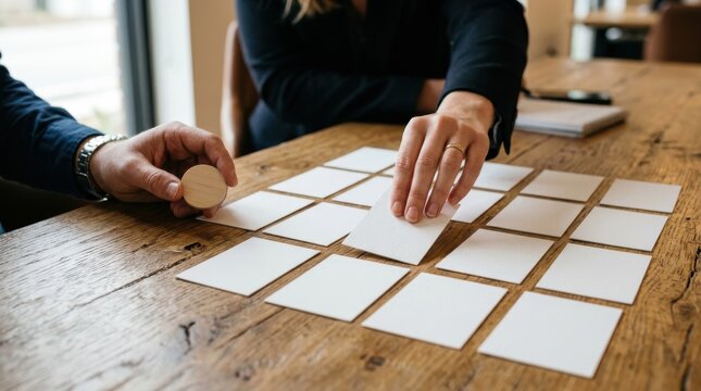 Business people engaged in strategic planning and organization using blank cards on a wooden table
