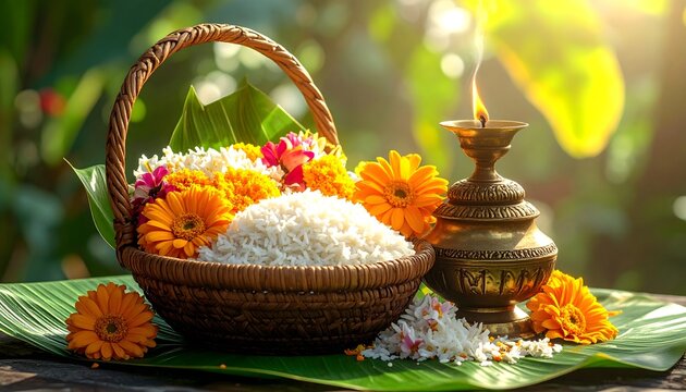 Cesta con arroz blanco, flores naranjas y l&aacute;mpara de aceite decorativa sobre hojas verdes en un entorno natural iluminado por luz c&aacute;lida