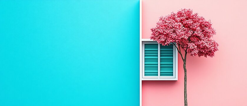 A vibrant split-screen image featuring a pink wall, a window, and a blooming tree