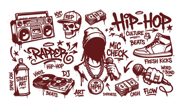 Urban hip hop rapper graffiti spray paint street art element collection doodles vector illustration