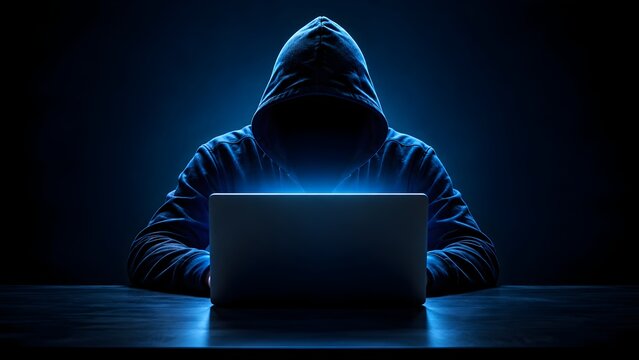 Anonymous hacker in hooded sweatshirt using laptop in dark room symbolizing cybercrime and network security threat