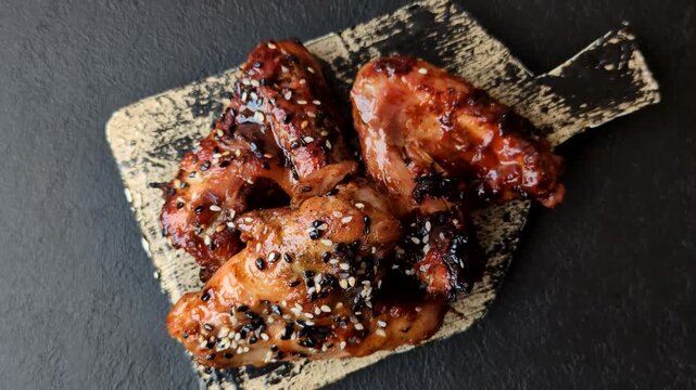 Grilled chicken wings with teriyaki sauce, seasoned with salt and spices. Chicken wings