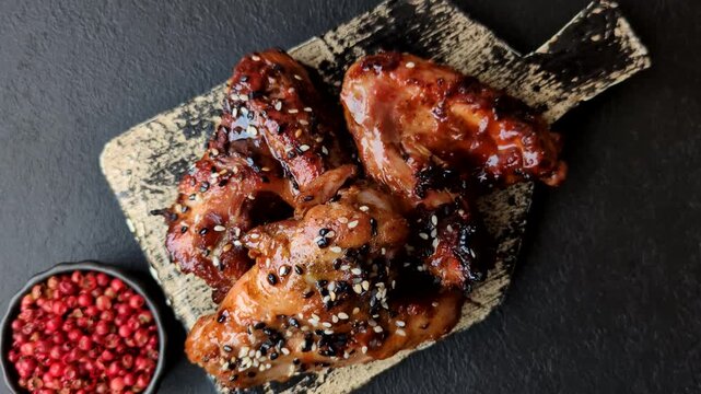 Grilled chicken wings with teriyaki sauce, seasoned with salt and spices. Chicken wings