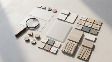 Naklejka premium Minimalist desktop flatlay composition designed to analise dados using magnifying glass and abstract geometric blocks