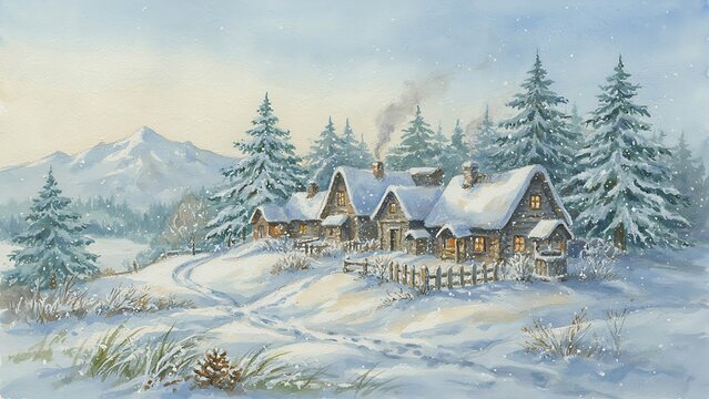 A dreamy watercolor landscape featuring snow-draped wooden houses with glowing windows set against majestic winter mountains, created with generative AI.