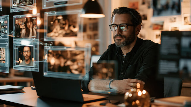 Man using laptop in creative studio with floating photo displays, warm cinematic lighting, focused marketing work and thoughtful expression