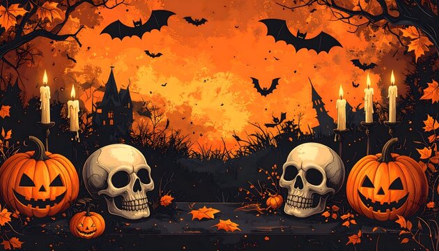 Escena de Halloween con calaveras, calabazas talladas, velas encendidas y murci&eacute;lagos sobre fondo naranja oscuro