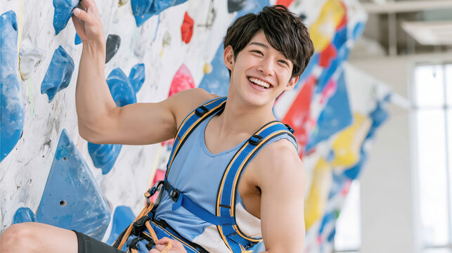 Young man indoor climbing smiling