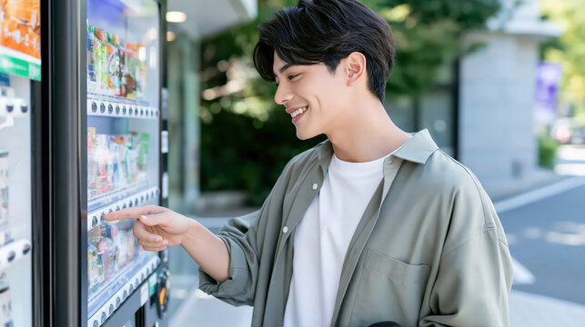 Vending machine smiling man outdoor lifestyle photo of young adult choosing drink near window