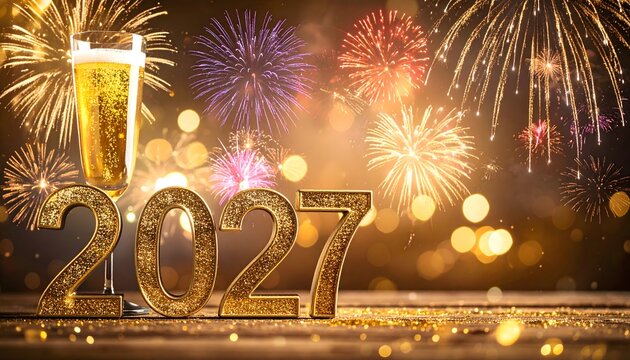 Celebraci&oacute;n de A&ntilde;o Nuevo 2027 con n&uacute;meros dorados, copa de champ&aacute;n y fuegos artificiales sobre fondo luminoso