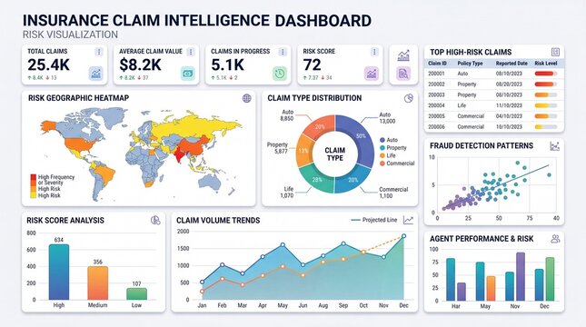 Insurance claim intelligence dashboard with risk visualization charts and metrics. Features a geographic heatmap donut chart bar graphs and line trends. Modern UI layout for financial analysis