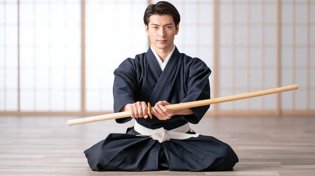Martial artist wooden staff Japanese clothing Asian man practicing traditional martial art with focused expression in bright indoor training hall