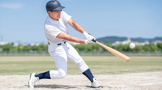 Young male baseball player swinging wooden bat during outdoor practice, showing focus and athletic movement on sunny field