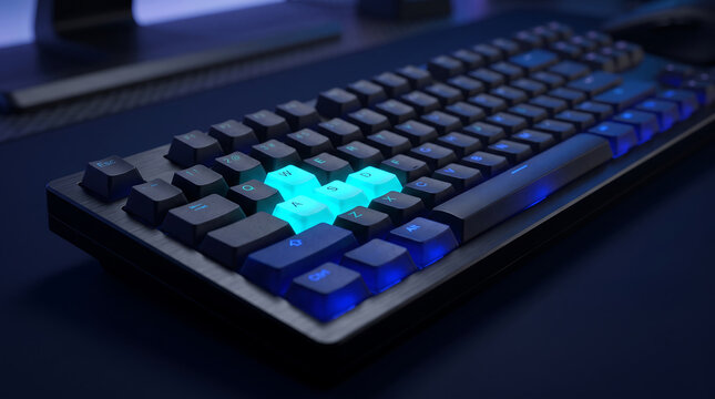 Mechanical gaming keyboard with glowing cyan wasd keys