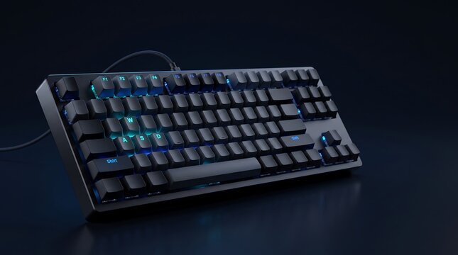Mechanical gaming keyboard with blue backlight on dark surface