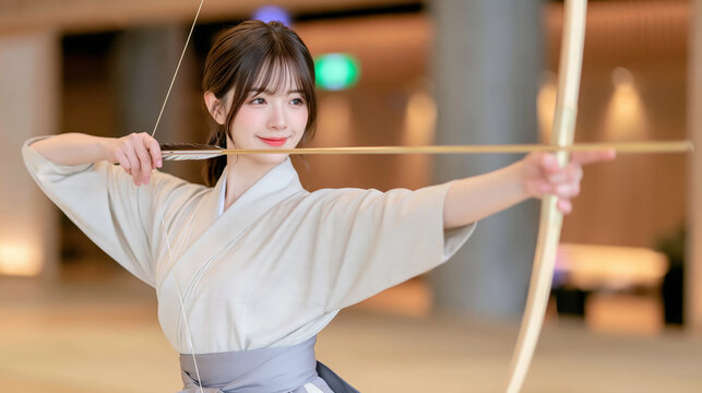 Asian woman archer drawing bow in bright indoor range with focused expression and elegant white clothing during archery practice