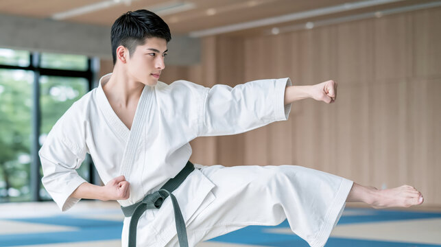 Martial artist performing karate kick in bright indoor dojo with focused energy and disciplined movement