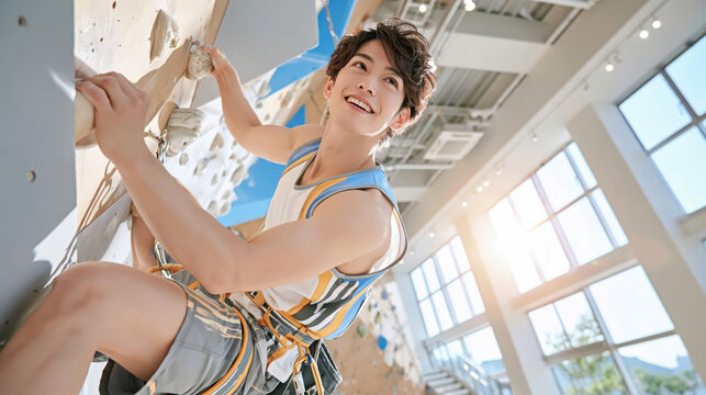Rock climber smiling on indoor climbing wall in bright modern gym with safety harness and sunlight