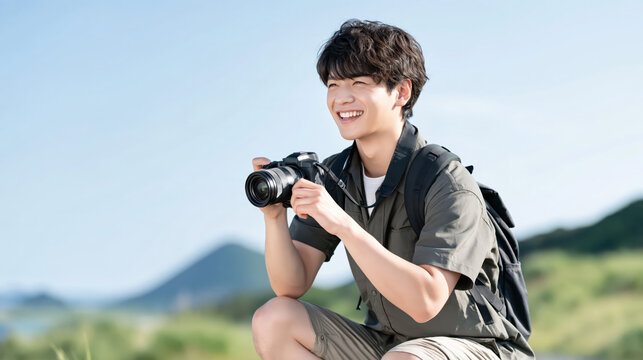 Japanese man holding camera outdoors with mountain scenery and bright natural light