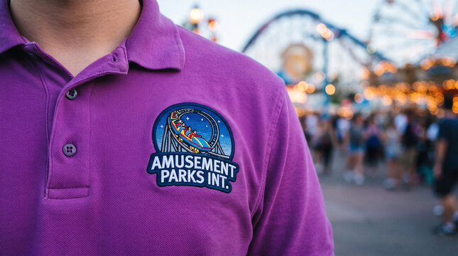 Amusement Parks Intl Patch Logo Embroidered on Purple Polo Shirt Theme Park Background
