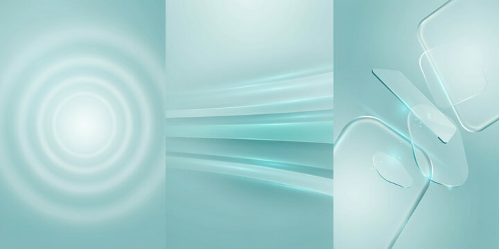 Abstract triptych featuring soft green circles, flowing lines, and floating glass rectangles