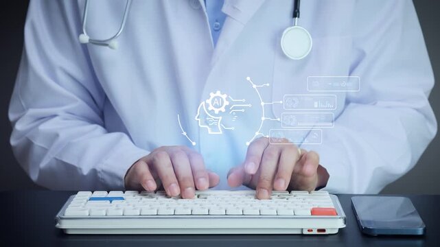Focused doctor typing on keyboard utilizing ai powered healthcare analytics on computer interface with screen for modern patient data research