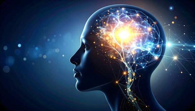 Perfil de cabeza humana con cerebro luminoso, conexiones neuronales y red de puntos brillantes sobre fondo azul oscuro