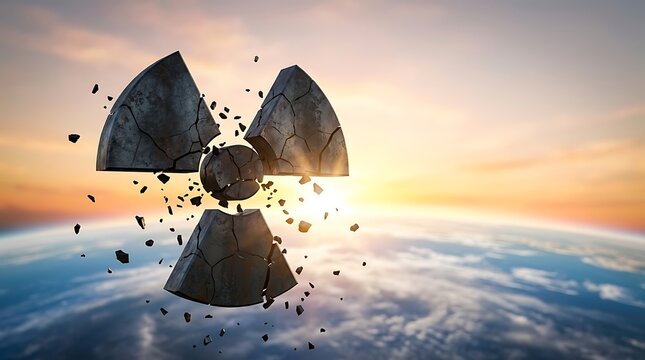 Cracked nuclear radiation symbol floating above the Earth in space with sunset.