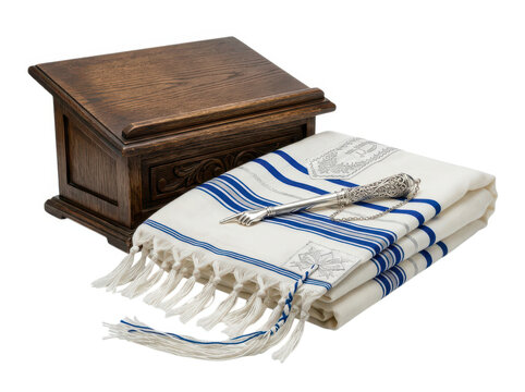 Traditional jewish tallit prayer shawl and wooden lectern for religious ceremony