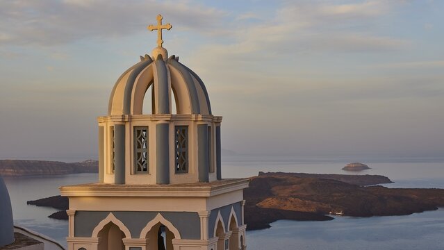 Morning light, Blue and white bell tower, Blue sky, Clouds, Volcanic island, Caldera, Firostefani, Santorini island, Cyclades, Greece