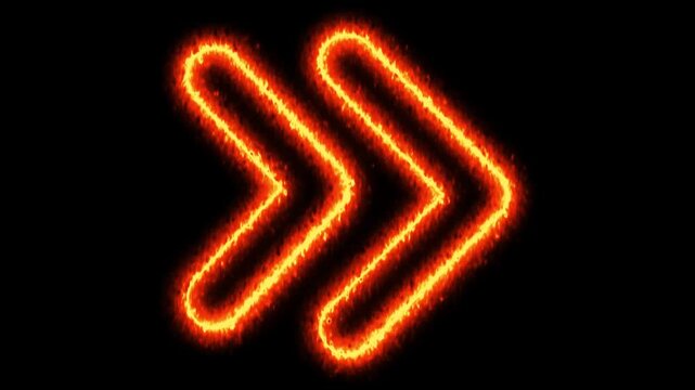 Fiery Burning Double Arrow Fast Forward Icon Animation Glowing Orange Chevron Next Direction Symbol Over Black Background Loop