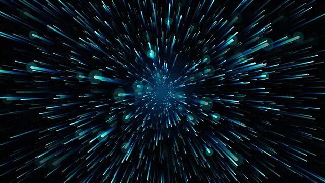 Abstract blue light speed motion background, hyperspace warp tunnel effect, digital data stream and cyberpunk particle flow animation