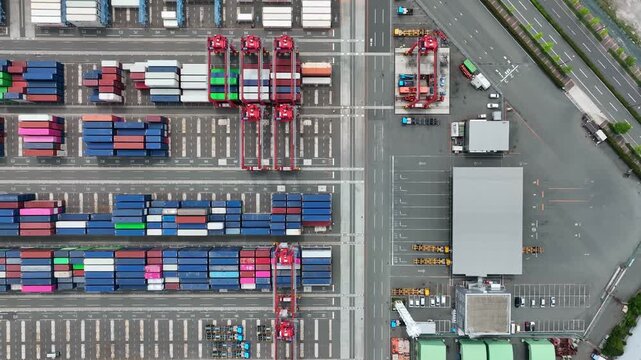 Aerial drone footage of a container yard from directly above, related to logistics, supply chain management, industry, shipping, cities, and society.