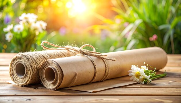 Rollos de papel kraft atados con cordel sobre una mesa de madera en un entorno exterior con flores y luz c&aacute;lida