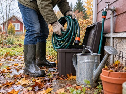 Actividades de oto&ntilde;o en el jard&iacute;n mientras se usa una manguera y una regadera