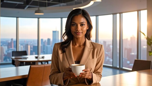 Mujer sosteniendo una taza de caf&eacute; en una oficina moderna con grandes ventanales y paisaje urbano al fondo