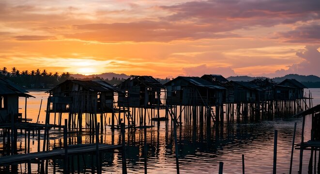 a row of damaged stilt houses silhouetted against the sunset