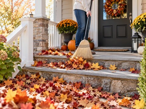 Barrer hojas en un d&iacute;a de oto&ntilde;o en la entrada de una casa