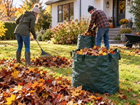 Recolecci&oacute;n de hojas en oto&ntilde;o en un jard&iacute;n residencial