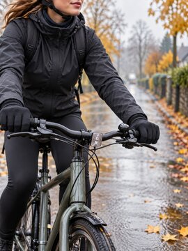 Ciclista en un d&iacute;a de oto&ntilde;o en una calle con hojas ca&iacute;das