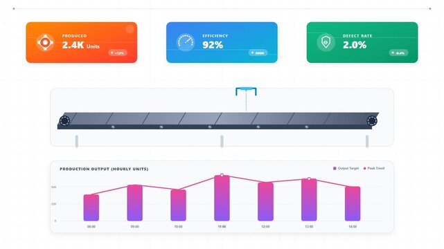 Smart factory dashboard animation showing manufacturing production metrics efficiency defect rate conveyor belt and analytic data charts