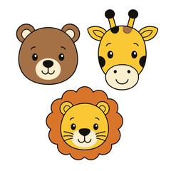 Fototapeta premium Cute Safari Animal Head Illustrations Including Bear Giraffe and Lion Faces