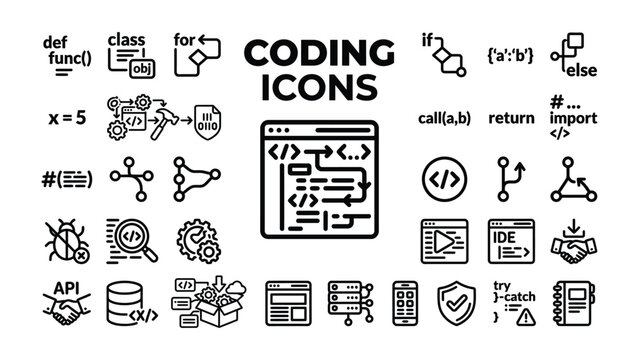 Coding Icons: A collection of stylized icons representing various aspects of software development, programming, and digital technology, suitable for web design and app interfaces.