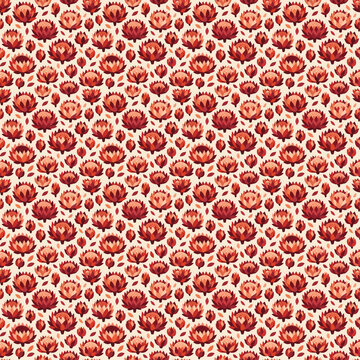 Modern Graphic Protea Flowers Seamless Pattern in Warm Colors