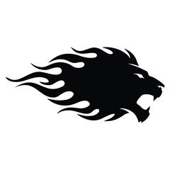 Obraz premium Aggressive lion head profile with fire mane vector, black roaring lion mascot logo for sports and gaming teams, flaming wild cat silhouette, powerful predator head icon for automotive decals.